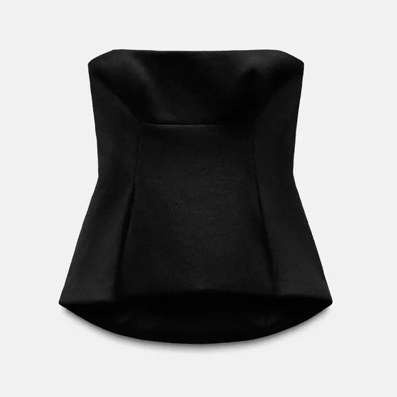 Zara Black Wool Blend Strapless Peplum Top straight neck Pleat detail size L NWT - Picture 9 of 16
